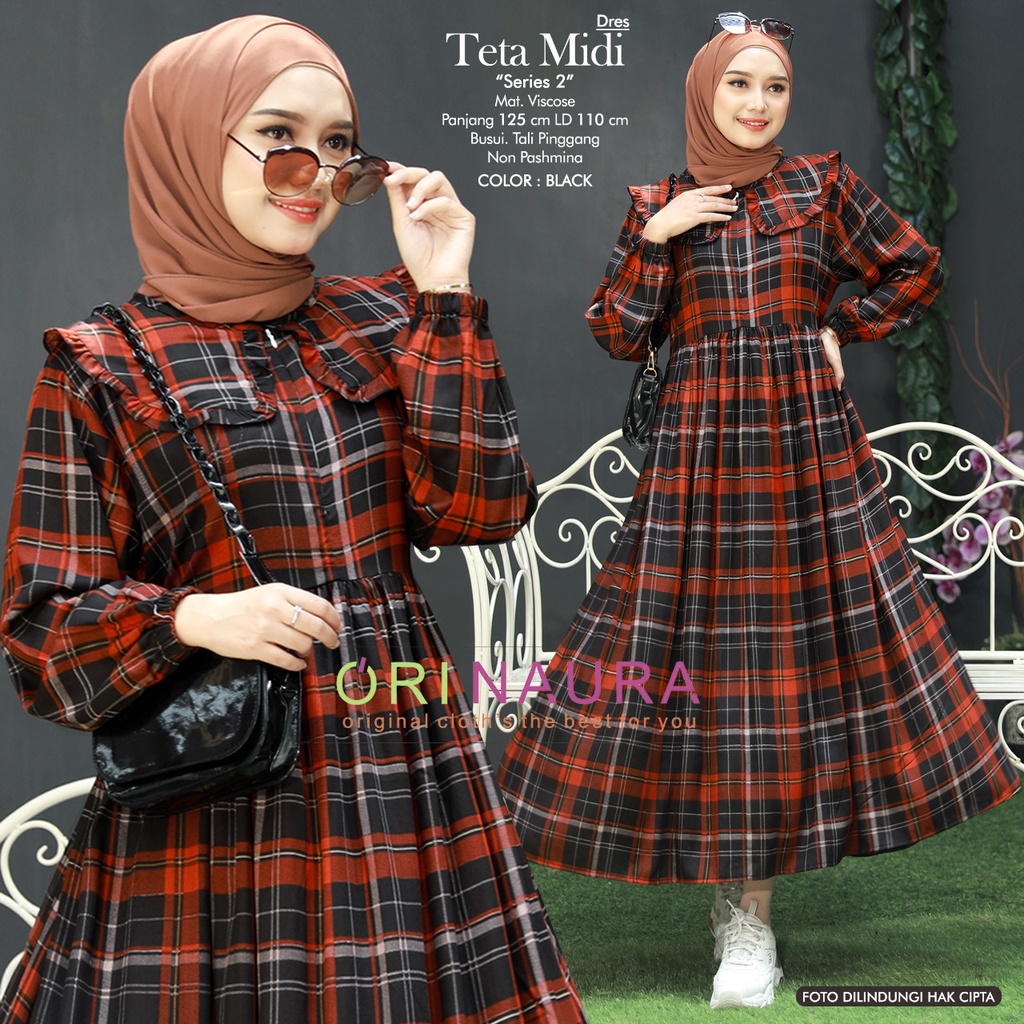 Dress Teta Seri 2 Gamis Orinaura Teta Series 2 Dress Wanita Motif Kotak-Kotak