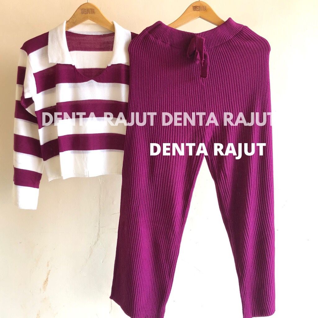 One Set Setelan Fuji Crop Top Celana Kulot Rajut Wanita