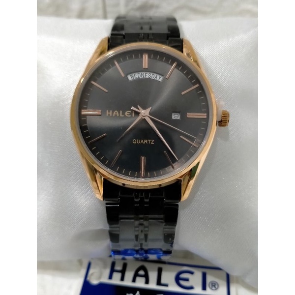 HALEI 582M/ JAM TANGAN PRIA RANTAI HITAM KOMBINASI ROSE GOLD WATER RESISTANT