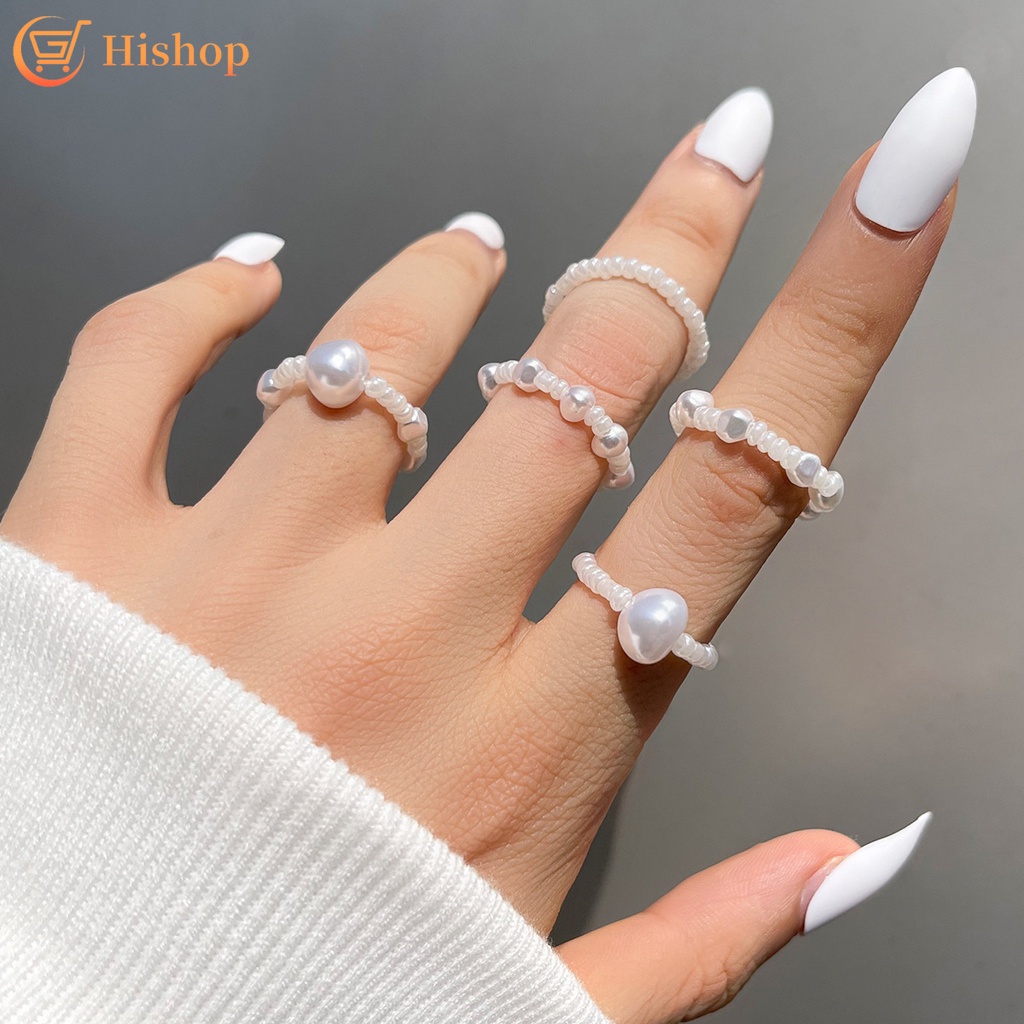 5pcs / Set Cincin Mutiara Elastis Adjustable Gaya Elegan Untuk Wanita