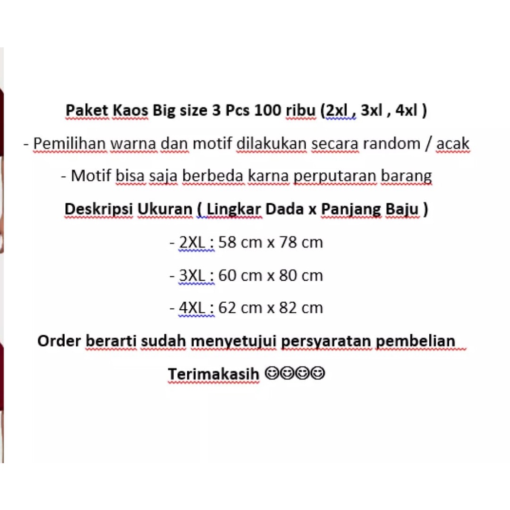 KAOS JUMBO PRIA 3 PCS 100 RB/ BAJU KAOS BIGSIZE PRIA DAN WANITA XXL XXXL XXXXL