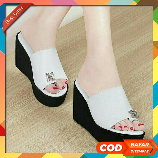 Sandal Sepatu Bustong Brukat Hak Tahu Wanita Terbaru Kekinian/Sendal B Sandal Wedges Jempol Ariana