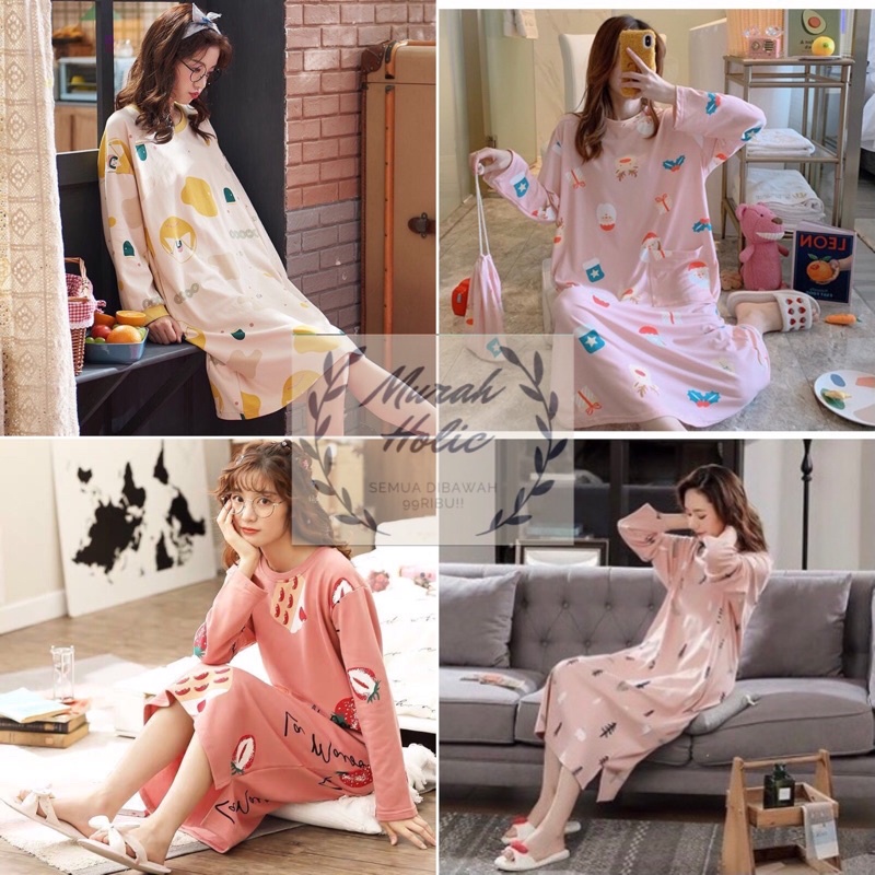 Baju Daster Lengan Panjang Wanita Motif Karakter Baju Tidur Cewek Baju Santai Perempuan Baju Rumah Bahan Adem Korea Import