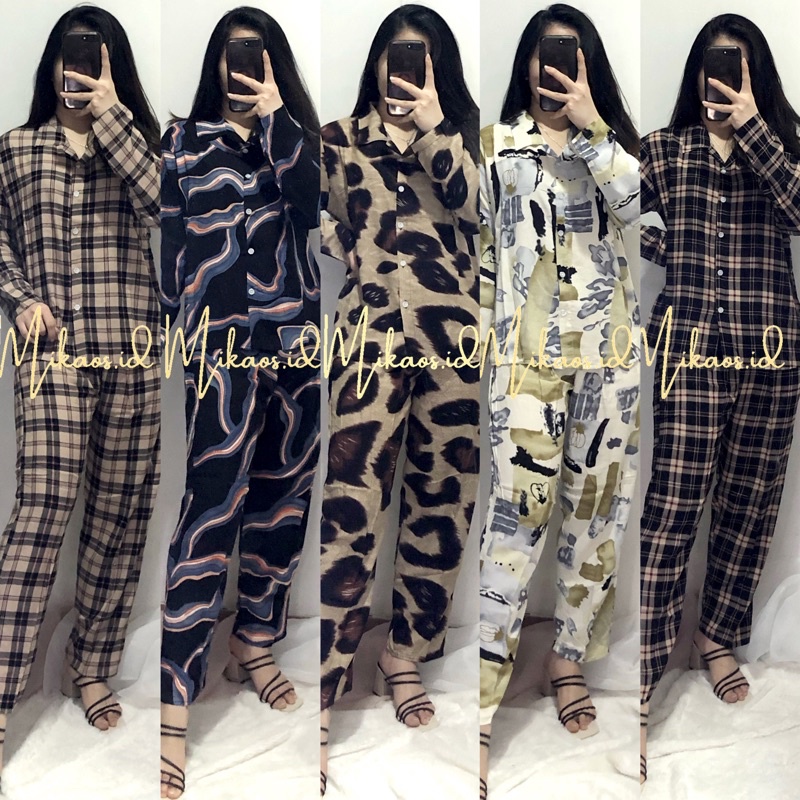 Mikaos Piyama Rayon Set Panjang Premium | Baju Tidur Rayon Set | Piyama Oneset | Oneset Piyama