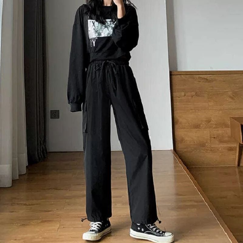 Celana Cargo Hitam Selgi wanita Streetwear Hippie