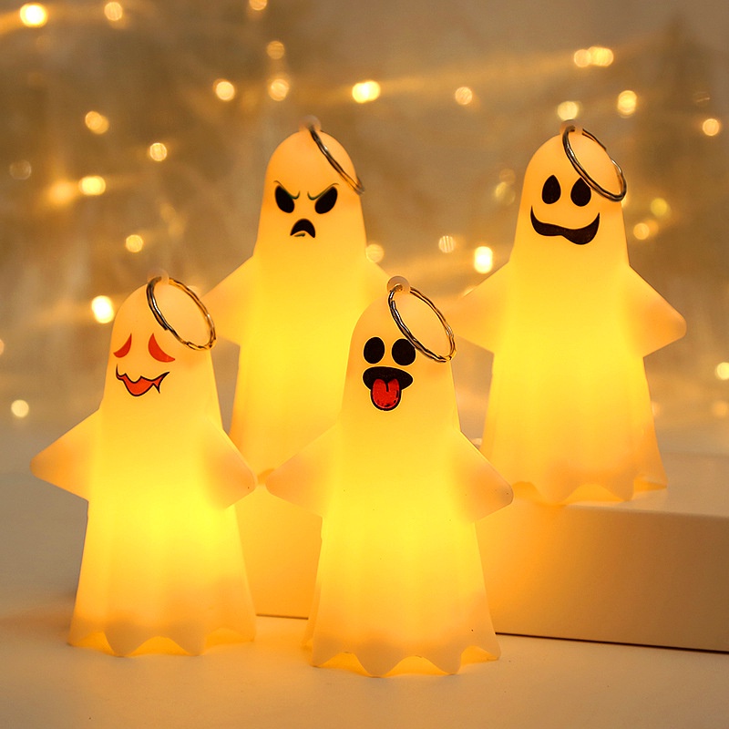 Lampu Malam Bentuk Boneka Hantu 3D Warna Kuning Hangat Untuk Dekorasi Halloween