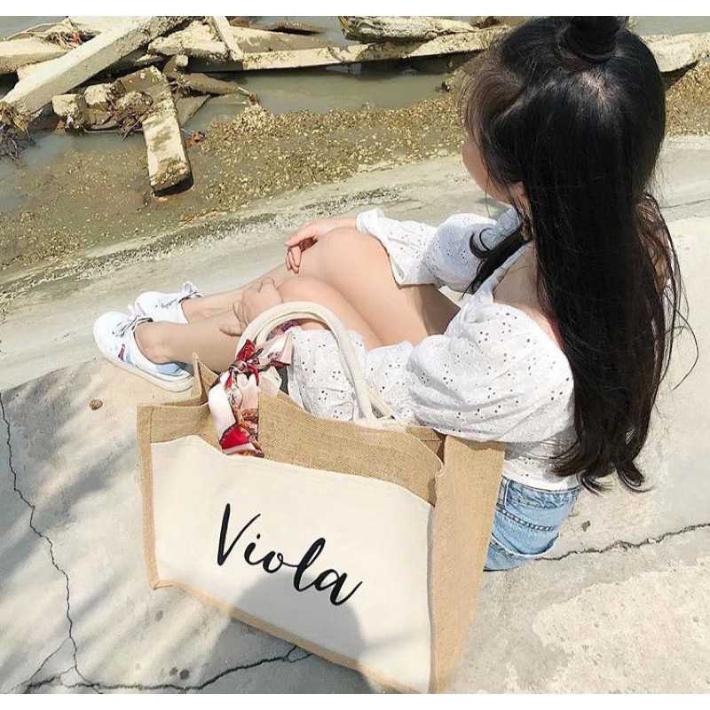 Tas goni custom white pocket / jute bag / tote bag