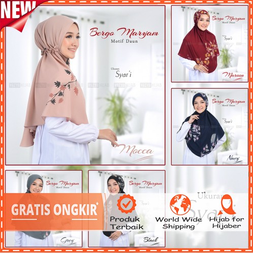 Hijab Bergo Kerudung khimar Syari Maryam Motif Daun By Vazya Hijab Fashion Muslim Murah BISA COD