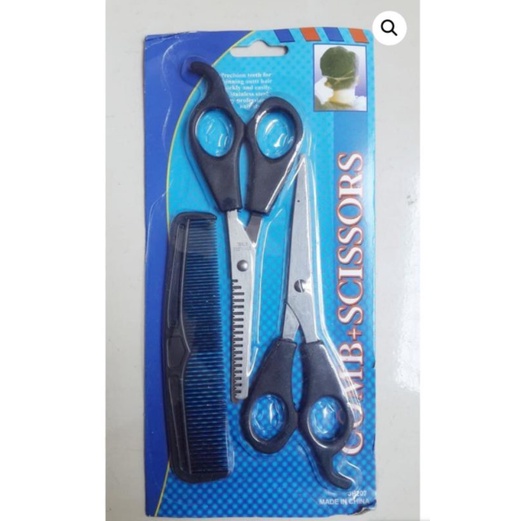 Gunting Potong Rambut Set 3 Pcs Biru Gunting Sisir Dan Gunting Sasak Cheryl / Zigzag Shaggy / Combi + Scissors