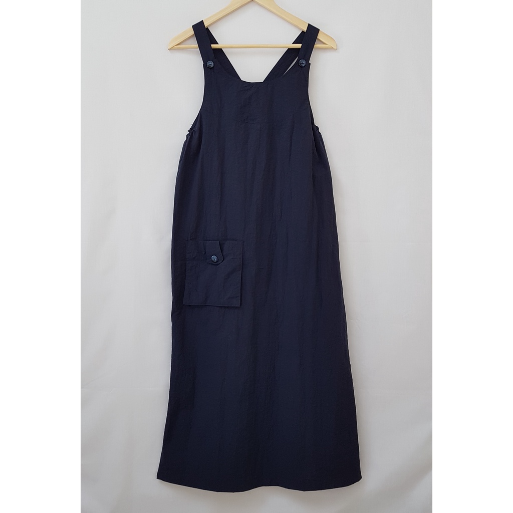 Dress Overall Midi Maxi Hijab Casual | Biru Navy - Coklat | Preloved