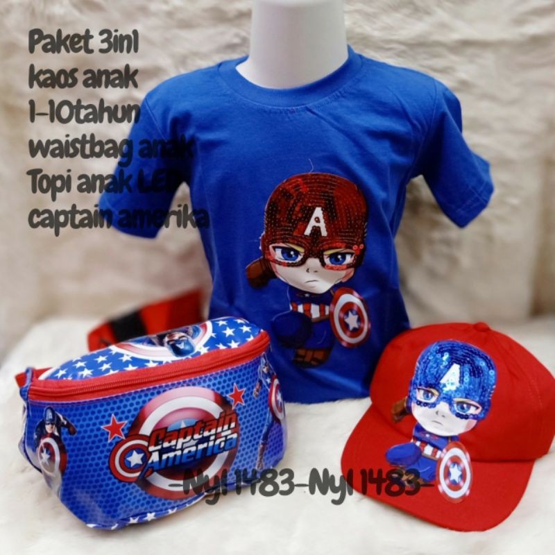 paket hemat 3in1 1-10tahun kaos anak led/waistbag/topi led nyala