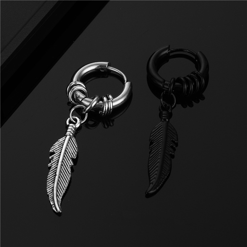 Stainless Feather Earrings Trendy Street Hip Hop Fashion Korean Version