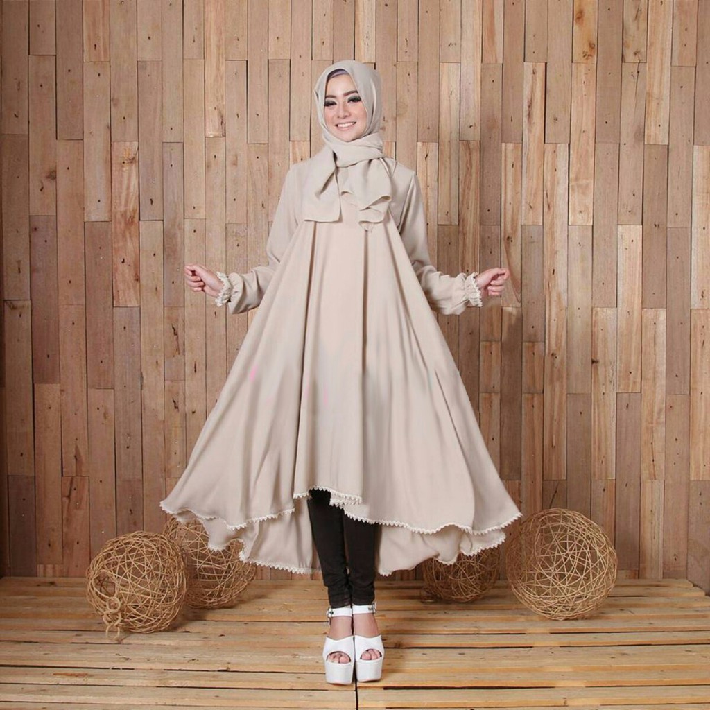 Baju Gamis Brukat Wolly Crepe Lengan Balon Lilac Wanita Muslim Dewasa Trend Kekinian Murah Modern Te