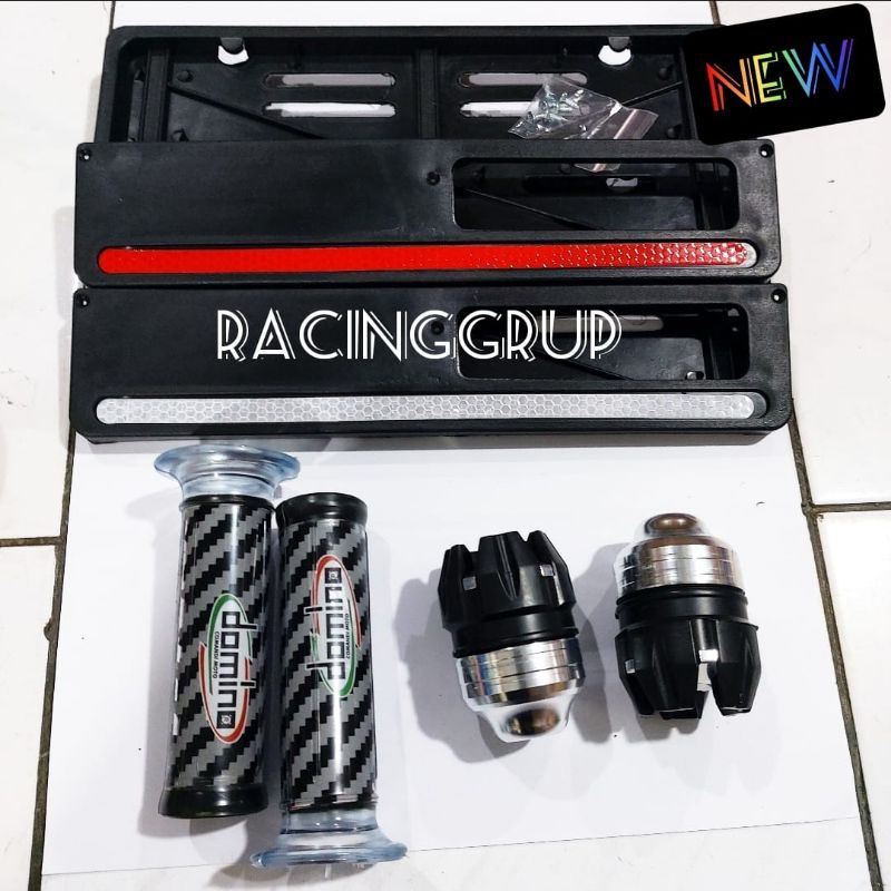 Paket Variasi Motor Handgrip Carbon + Jalu As Roda Depan + Dudukan Plat Nomor List Warna / Silver