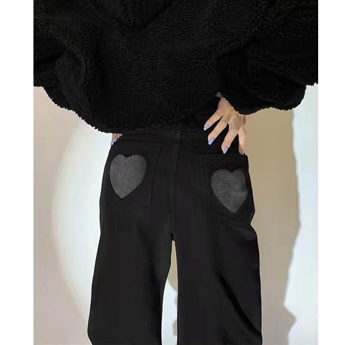 New Korean Love Highwaist  Celana Jeans Panjang Wanita Loose