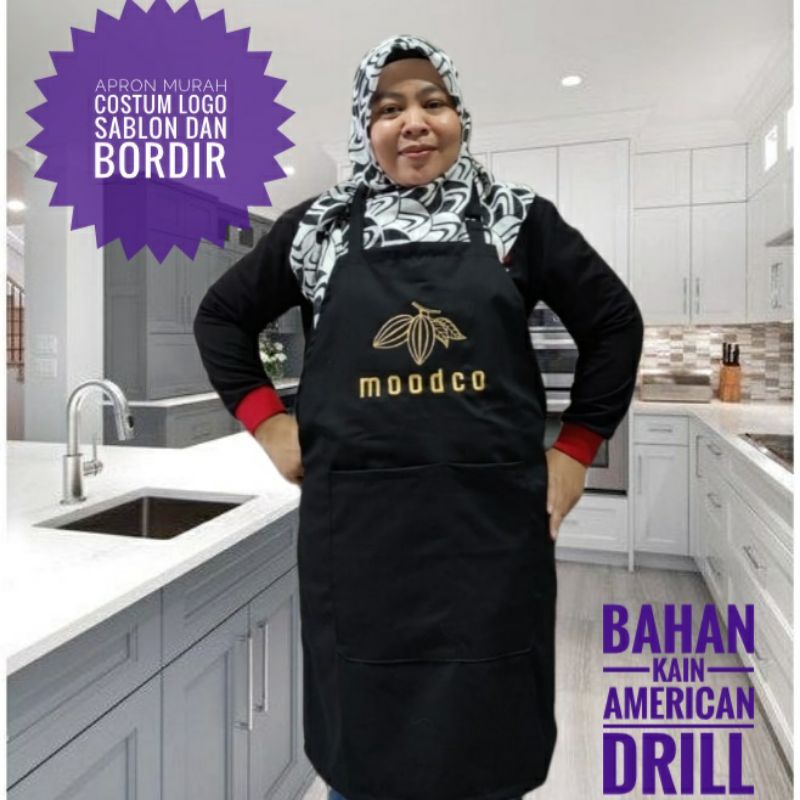 Apron celemek koki masak dapur cuci piring custom logo sablon / bordir