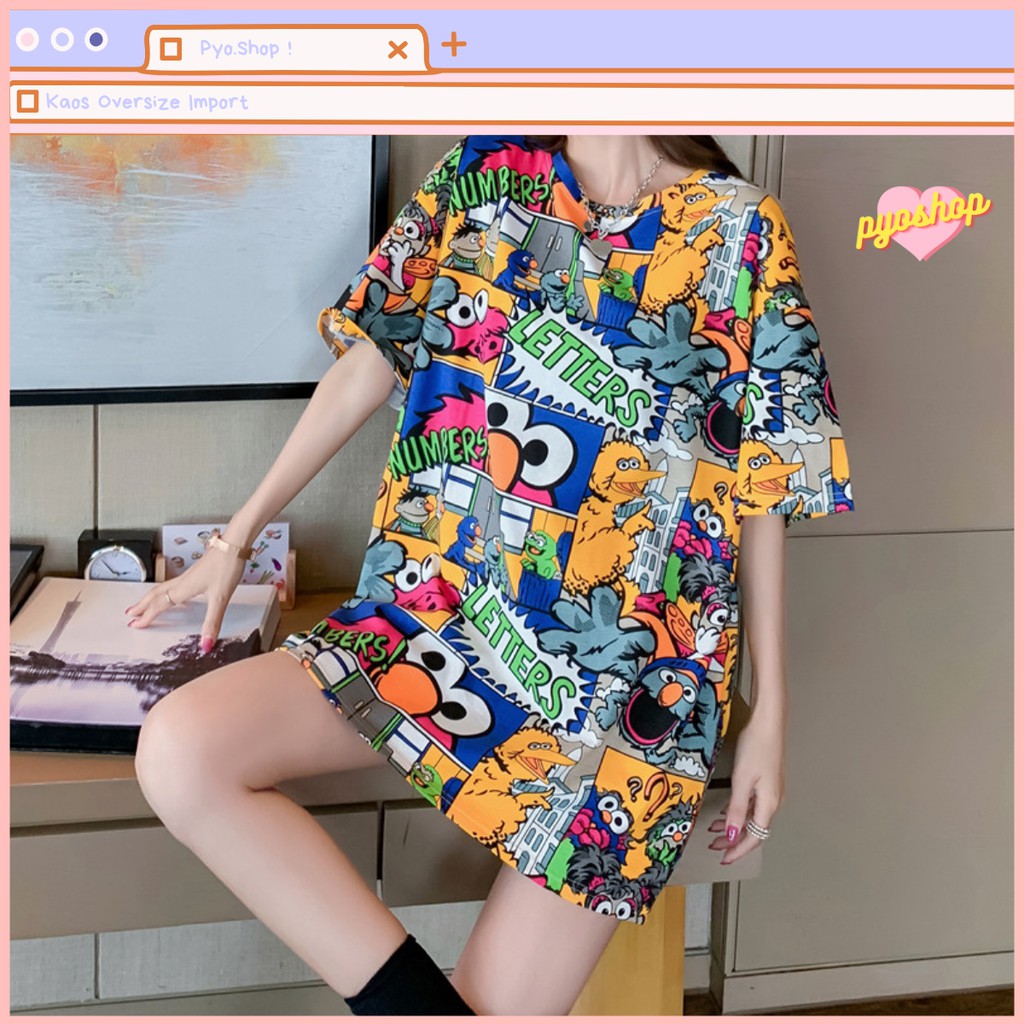 Oversize Tee Tshirt Kaos Import Longgar Model Besar Motif Elmo Grafiti Street untuk wanita