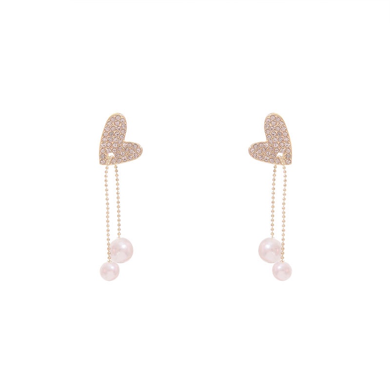 Anting Tusuk Gantung Bahan Sterling Silver 925 Desain Hati + Mutiara + Berlian Gaya Simple / Mewah Untuk Wanita