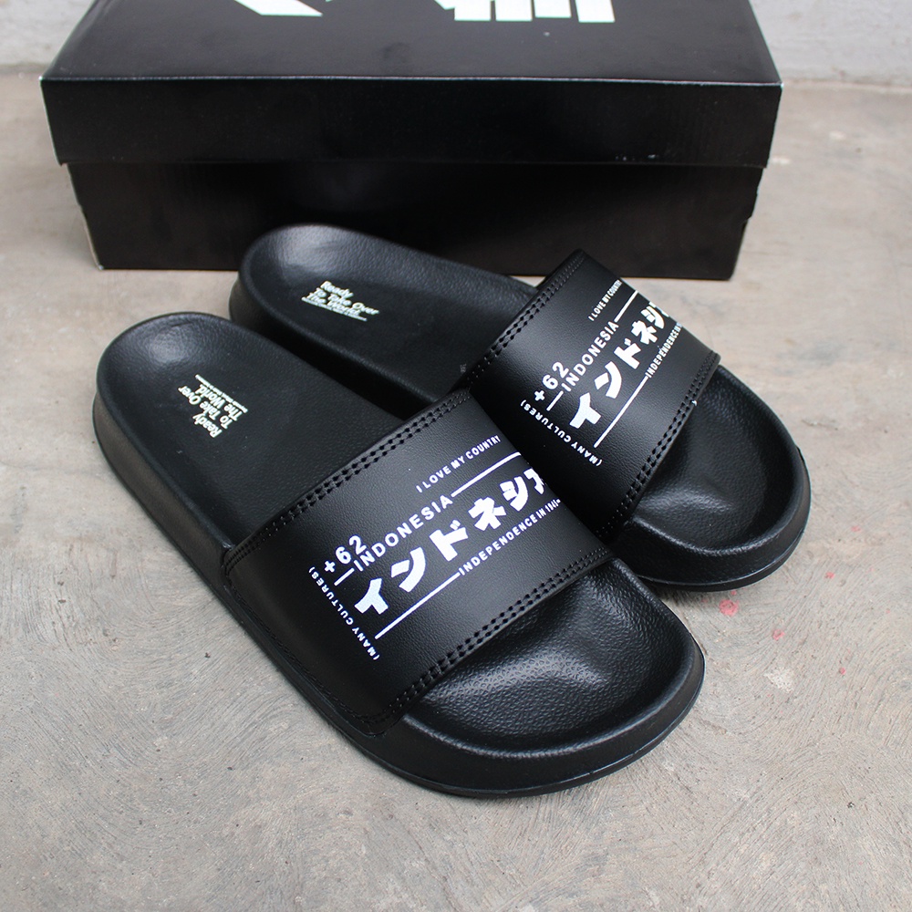 Sendal Selop Pria Distro Terbaru Boyscode Kanji Indonesia / Sendal Slide Pria / Sendal Slip On Pria