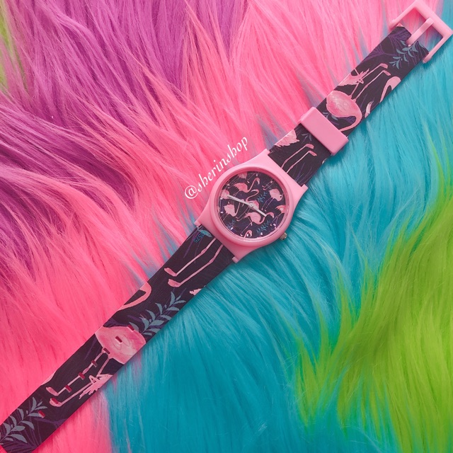 Jam Tangan Tali nya bisa di Custom - QnQ Candy Pink motif Flaminggo