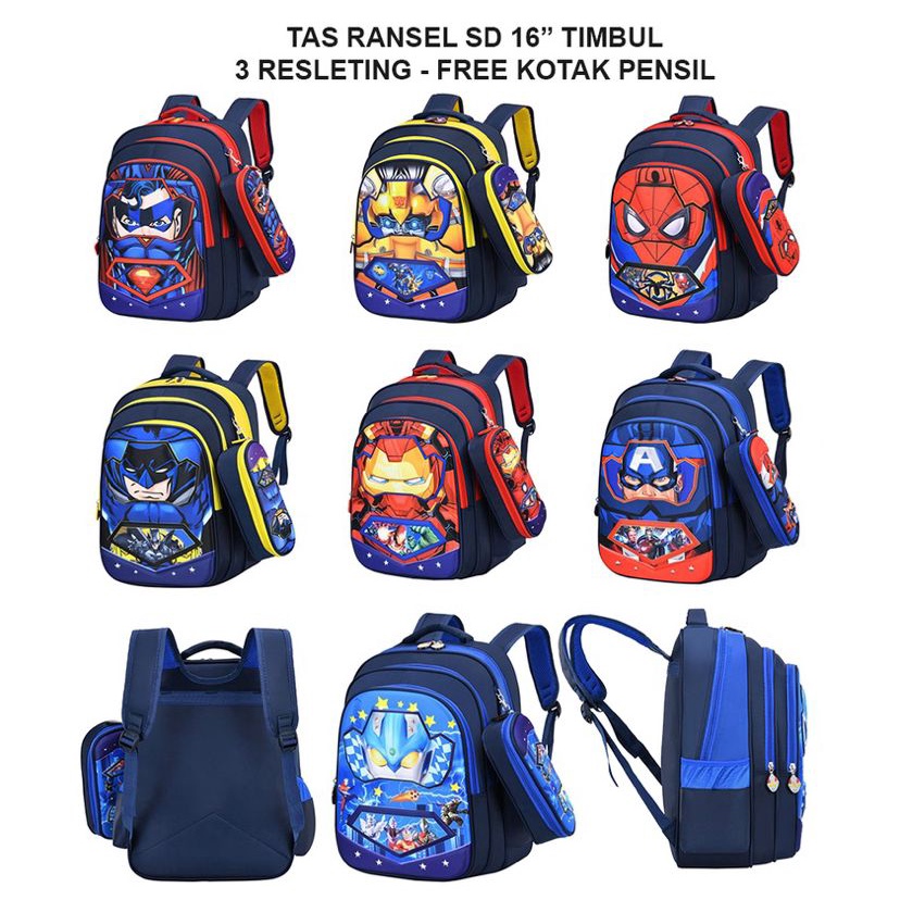 Tas Sekolah TK-SD Ransel Anak Laki-Laki Karakter Timbul Tas Marvel Superhero Import 3D Emboss