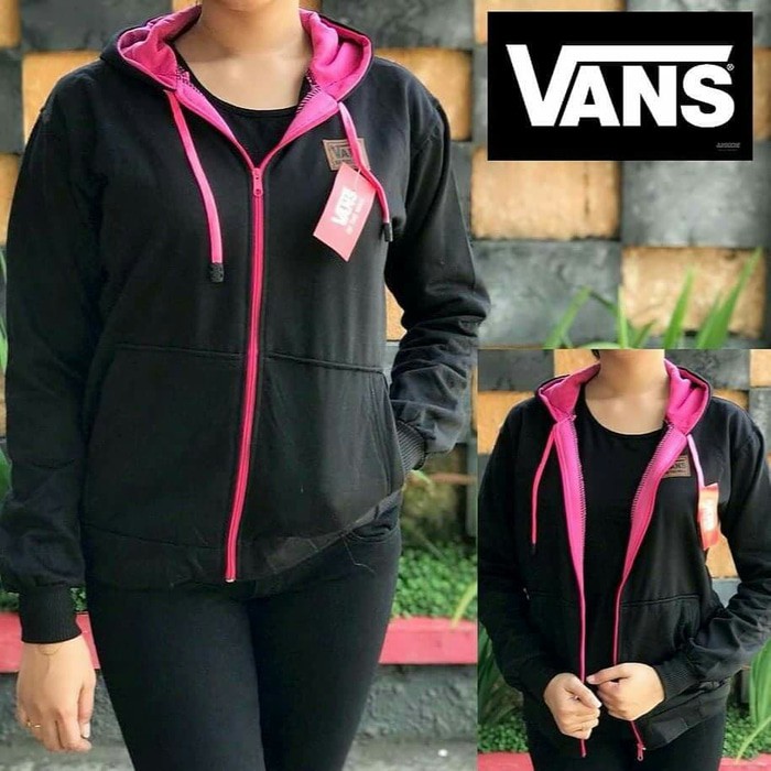 Jaket Vans Women Hitam List Pink Hoodie Distro Fleece
