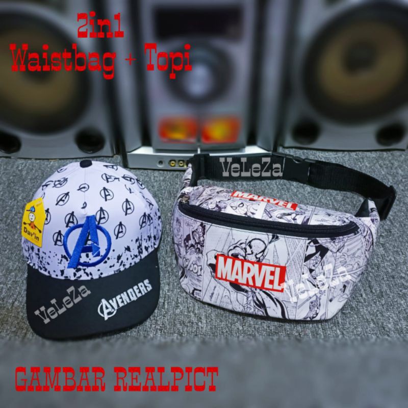 Waistbag anak karakter marvel 2in1 - Waist bag + topi