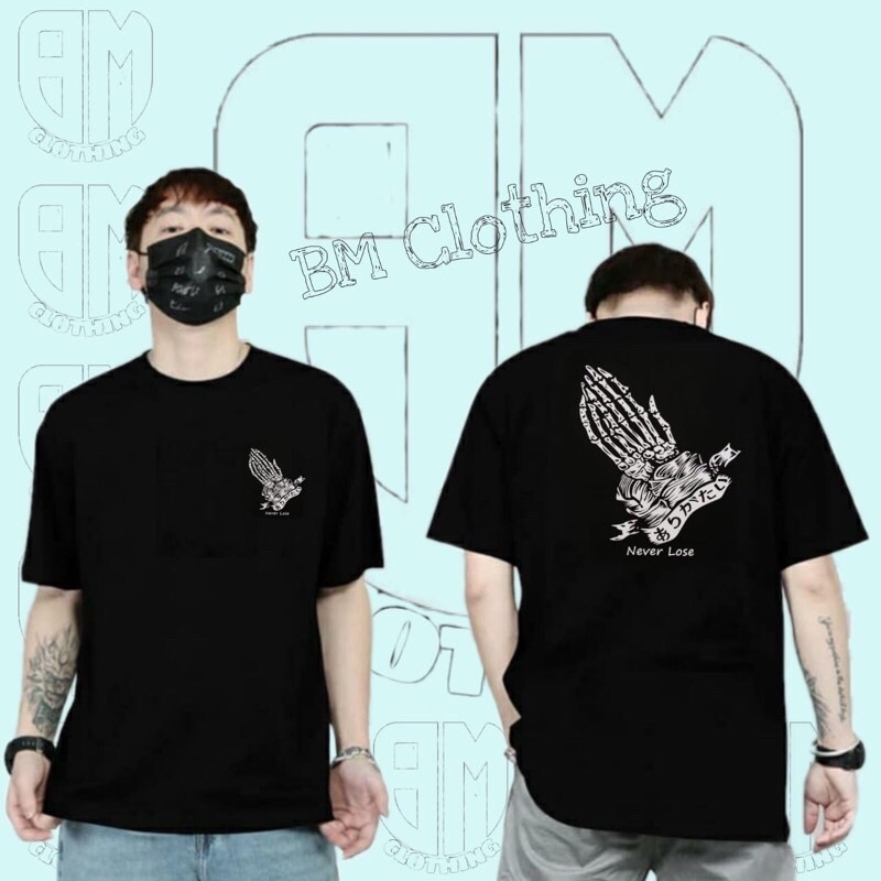 BAJU KAOS T SHIRT ATASAN DISTRO PRIA WANITA GAMBAR BELAKANG TANGAN TENGKORAK SKULL TULISAN JEPANG XL