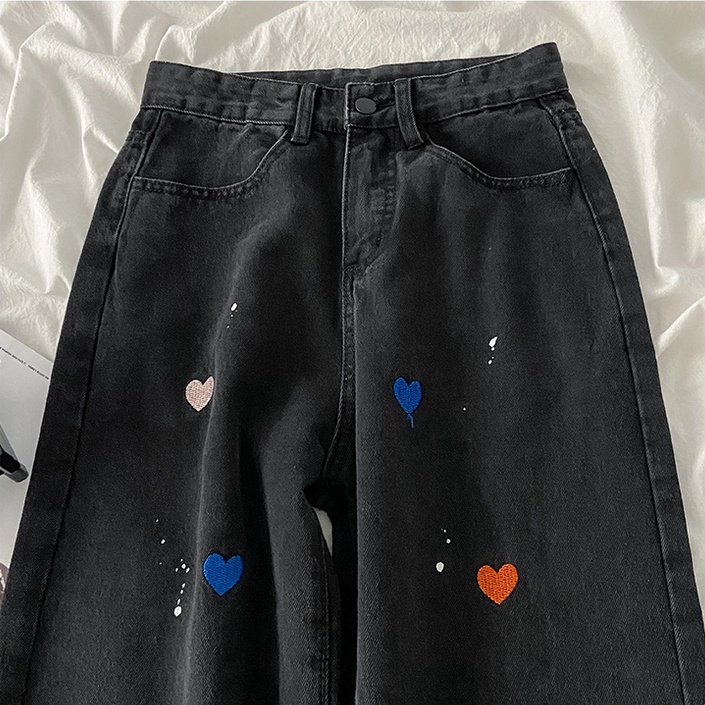 Embroidery love straight celana jeans wanita pinggang tinggi high waist celana korea abg import