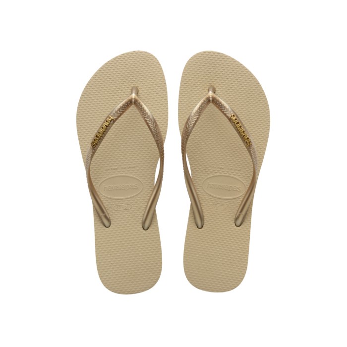 READY Havaianas SLIM LOGO METALLIC - Sand / Golden Light - Sandal Wanita - 39/40 SALE