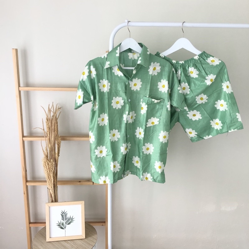 hirafa - One Set Setelan Atas Bawah Full Kancing / Baju Santai Tie Dye / Baju Wanita Pria-Aster - Mint
