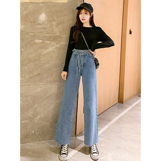  Celana  jeans  lebar kaki celana  pinggang tinggi wanita  