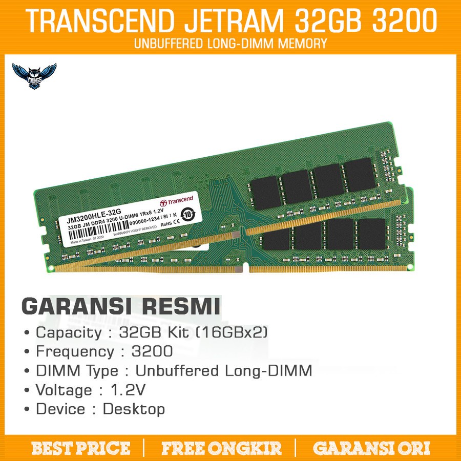 RAM TRANSCEND 32GB KIT DDR4 3200Mhz (2x16GB) Jetram Longdimm pc 3200