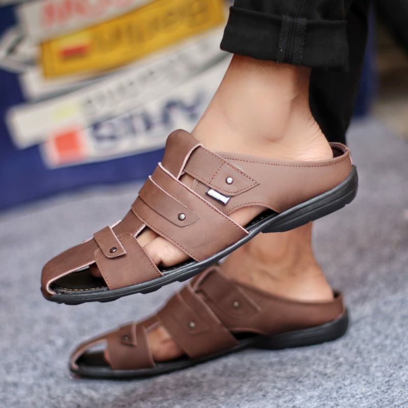 Sandal Bustong Pria Kulit Asli Sepatu Sandal Casual Semi Formal Original Slop Santai