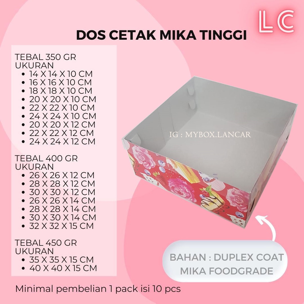 (10 LEMBAR)CAKE BOX MERAH TUTUP MIKA 24x24x10 DOS KOTAK TINGGI MOTIF DUS TART ROTI KUE HAMPERS CETAK