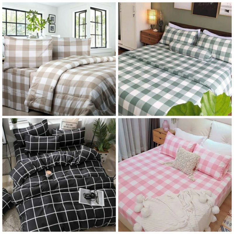 SPREI KOREA EMILY KHAKI PINK GREEN GREY LILAC BLUE DISPERSE TERMURAH || SARUNG BANTAL GULING SPREI HOMEMADE KOTAK KOTAK