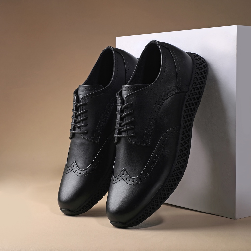 ALBERT SERIES ORIGINAL x KENZIOS Sepatu Kulit Sapi Asli Full Hitam Pria Formal Pantofel Kerja Kantor Dinas Resmi Guru Kantoran Pesta Undangan Kondangan Nikah Kuliah Casual Wingtip Modern Oxford Genuine Leather Footwear Big Size Jumbo Ukuran Besar 44 Keren