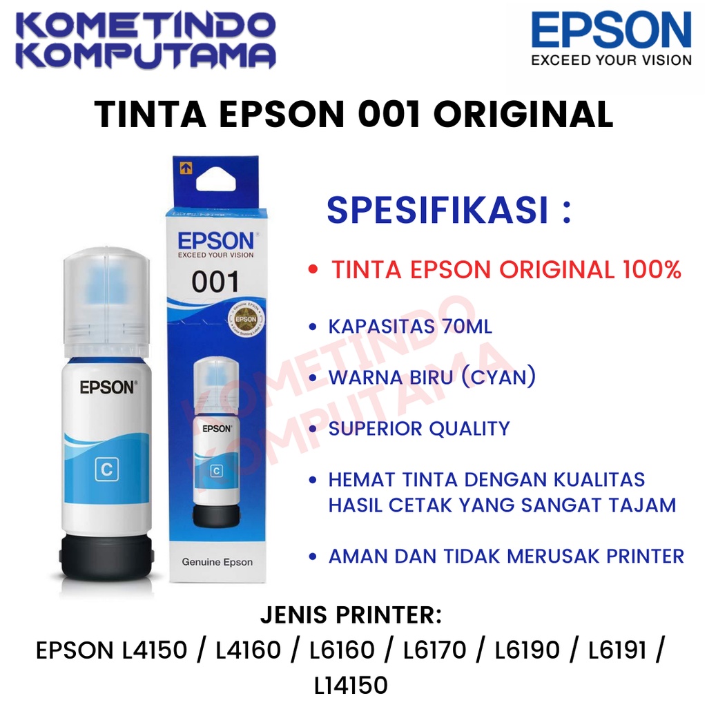 001 Cyan 70ml Tinta Epson 100% Original Epson L4150 / L4160 / L6160 / L6170 / L6190 / L14150