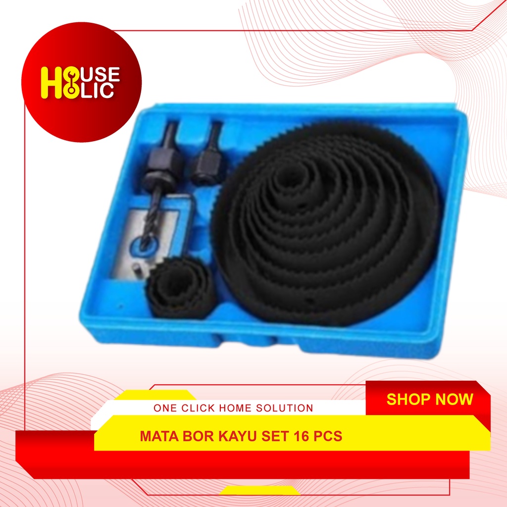 Holesaw Kit Set 16 Pcs / Hole Saw Set Mata Bor Pelubang Kayu