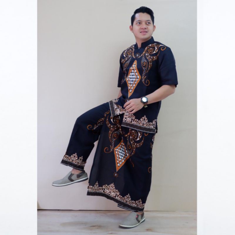 Fashion Muslim Setelan Celana Sarung Baju Koko Pria Dewasa Kemeja Batik Lengan Panjang Pendek Motif 