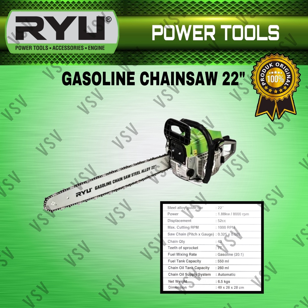 RYU RGS22 Mesin Gergaji Bensin 22inch Chain Saw 22&quot; Mesin Gergaji Kayu