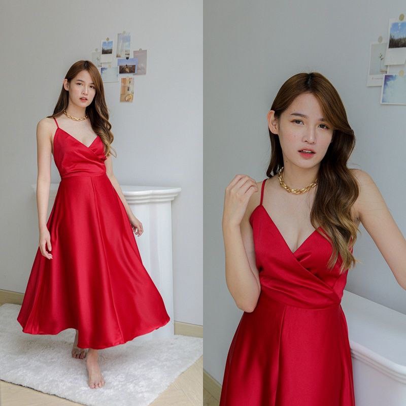 DRESS WANITA KOREA STYLE KONDANGAN TALI SPAGHETTI BAHAN SATIN SATEEN PREMIUM IMPORT BANGKOK MIDI PAN