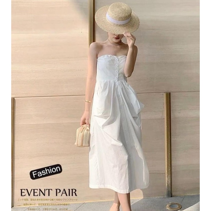 dress putih midi  model kemben dengan kancing depan CODE TG905