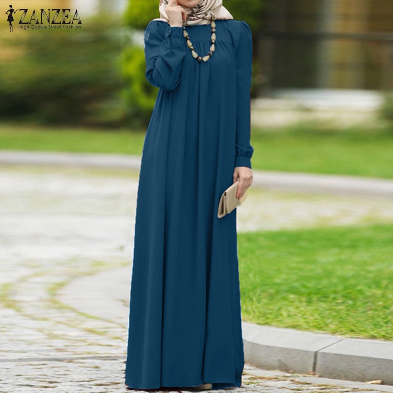 ZANZEA Women Long Puff Sleeve Button Down Front Muslim Long Dress