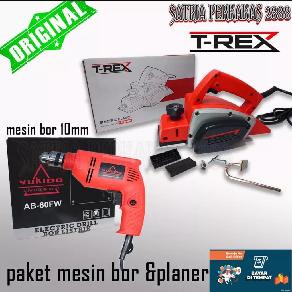 COD AKTIF 24 JAM!! [PAKET 2ITEM] MESIN SERUT/KETAM KAYU T-REX 500 WATT DAN MESIN BOR TANGAN 10MM YUKIDO JAPAN TECNOLOGY