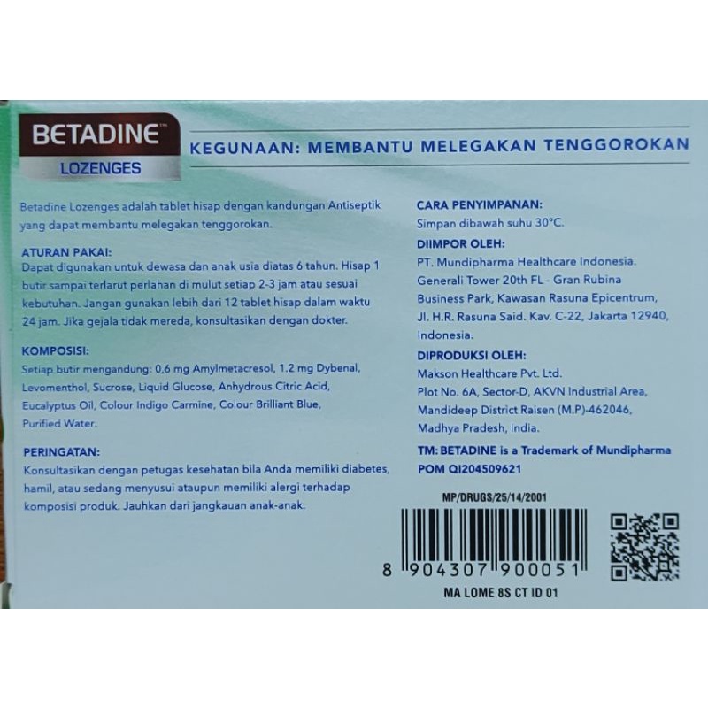 Betadine Lozenges Tablet Isap Isi 8 Butir / Rasa Menthol &amp; Eucalyptus / Rasa Orange / Pelega Tenggorokan