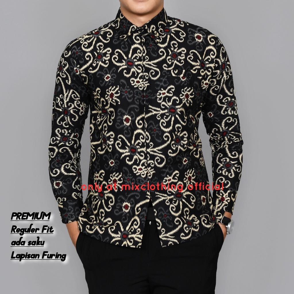 New Premium Baju Kemeja Batik Pria Reguler Fit Lengan Panjang Hitam Songket Bunga