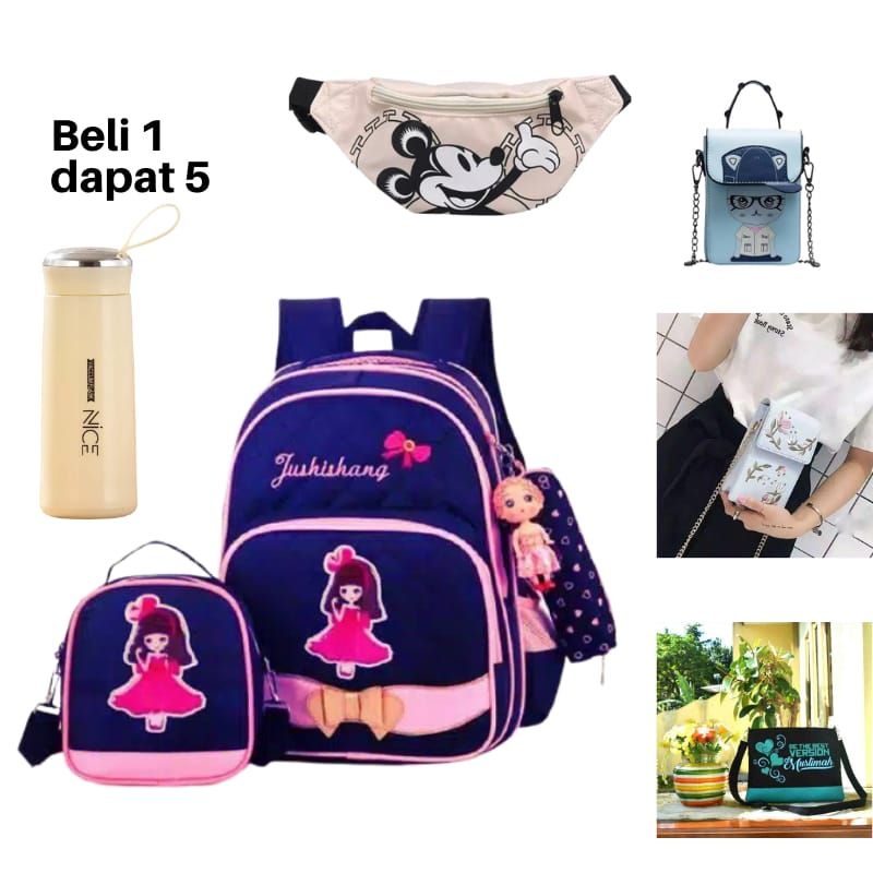 Tas Paket Variasi 6 model Free Botol Tas Anak piliha warna botol Ada 4 warna biru krem pink hijau bebas milih