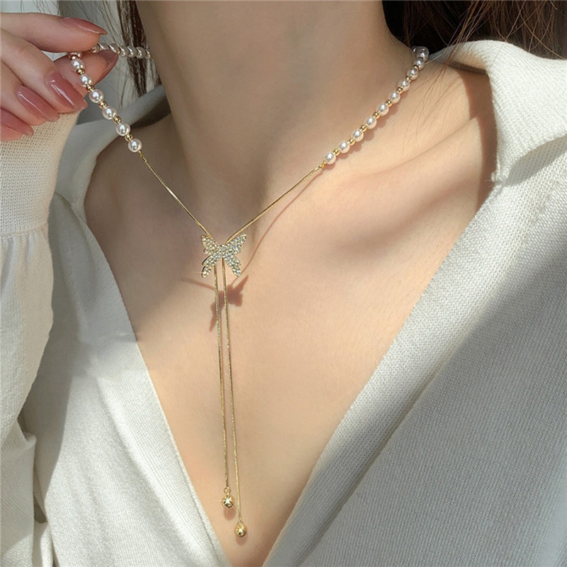 Kalung Choker Liontin Kupu-Kupu Rumbai Panjang Bahan Logam Dapat Disesuaikan Gaya Korea Untuk Wanita