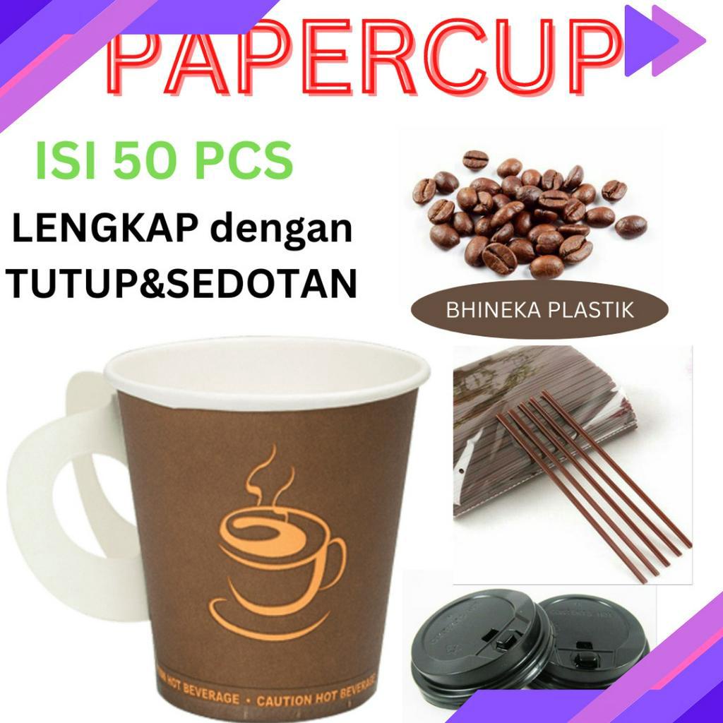 DIJAMIN MURAH PaperCup Kuping  Gelas kertas Gagang  Tutup  Sedotan isi 5pcs Paper cup Gelas Kertas G